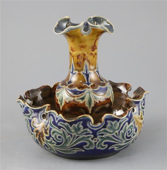 Eliza Simmance for Doulton Lambeth, an unusual frill-edged vase with integral surrounding bowl, c.1885, H. 16.5cm, edge restoration